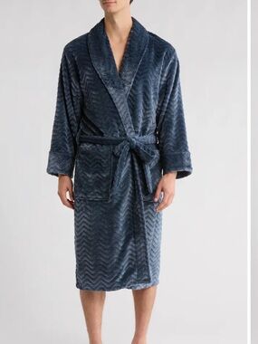 Daniel Buchler Robe Velour Navy Blue Herringbone Pockets Soft Cozy Belted Med Lg